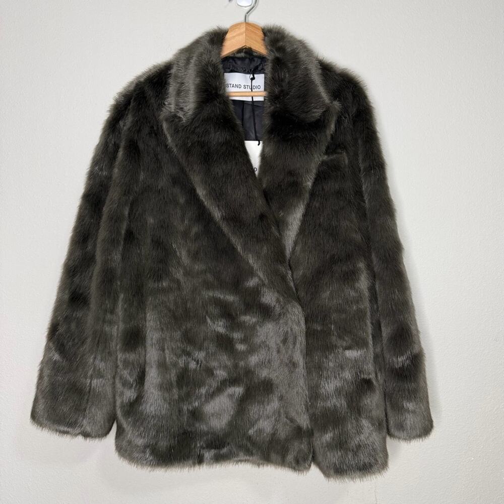 STAND STUDIO Saphira Faux Mink Brown Fur Coat Charcoal Taupe Size 36